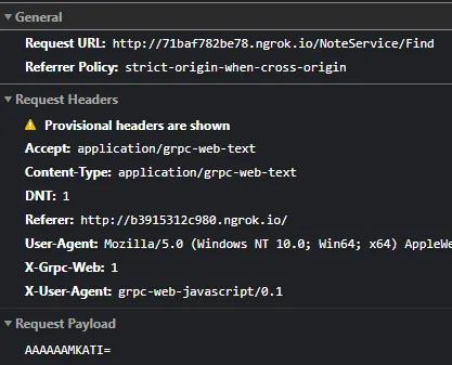 A gRPC call made from the browser showing the URL and request information